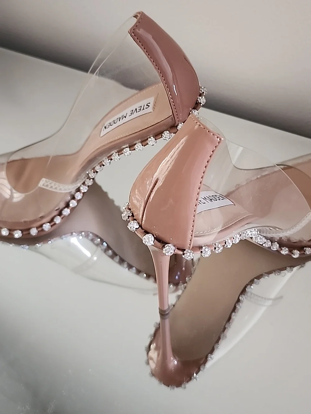 ♡♥︎♡ Steve Madden Classic Nude Clear PVC Crystal-Trim Stiletto Heels Size 8.5 - Picture 4 of 11